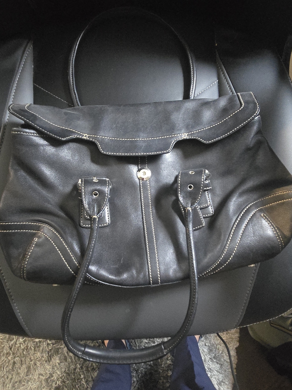 Coach Black Leather Tote with Contrast White Stitching